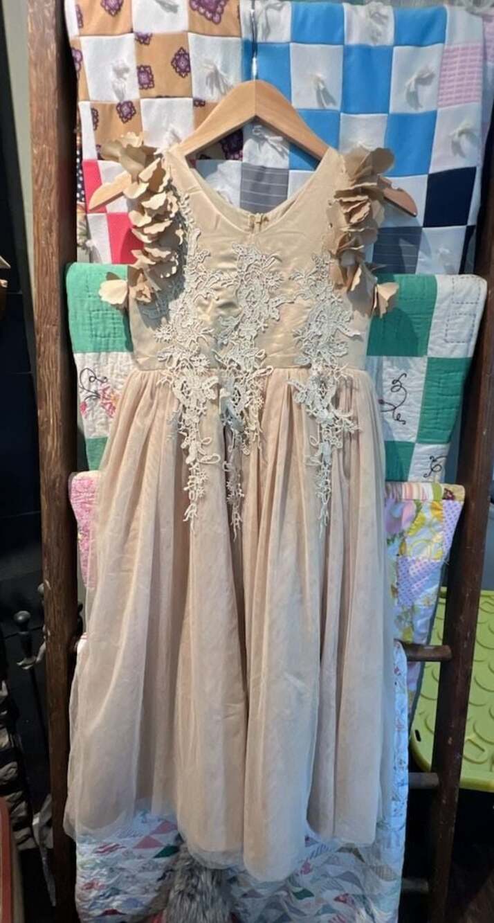 Trish Scully Child Gold Tulle Dress with Floral Appliquรฉ and Lace Overlay